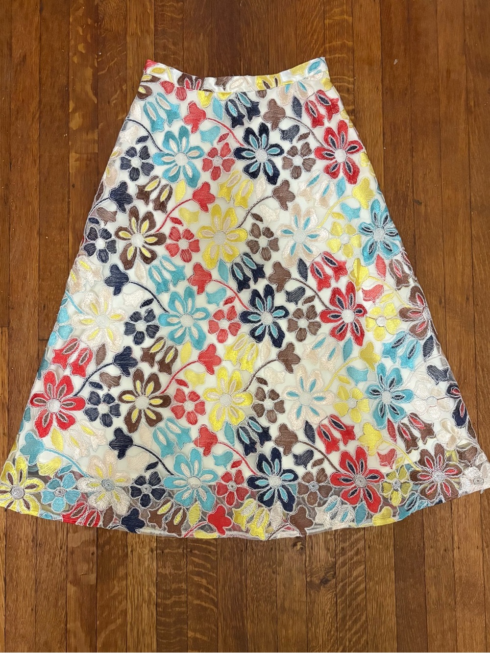Eva Franco Multicolor Floral A-Line Skirt — Red, Yellow, Blue, Brown, Cream